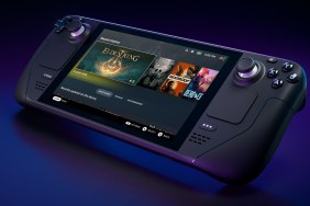 The Valve Steam Deck on a blue-purple background.